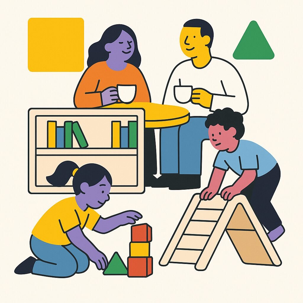 “Flat-style illustration of a play cafe with two adults drinking coffee at a table behind a short bookshelf, while children in the foreground stack blocks and climb a small indoor play structure.”
